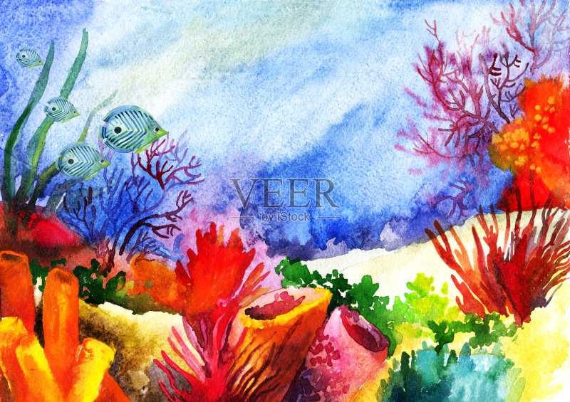 水下景观与珊瑚礁水彩画。正版插画素材
