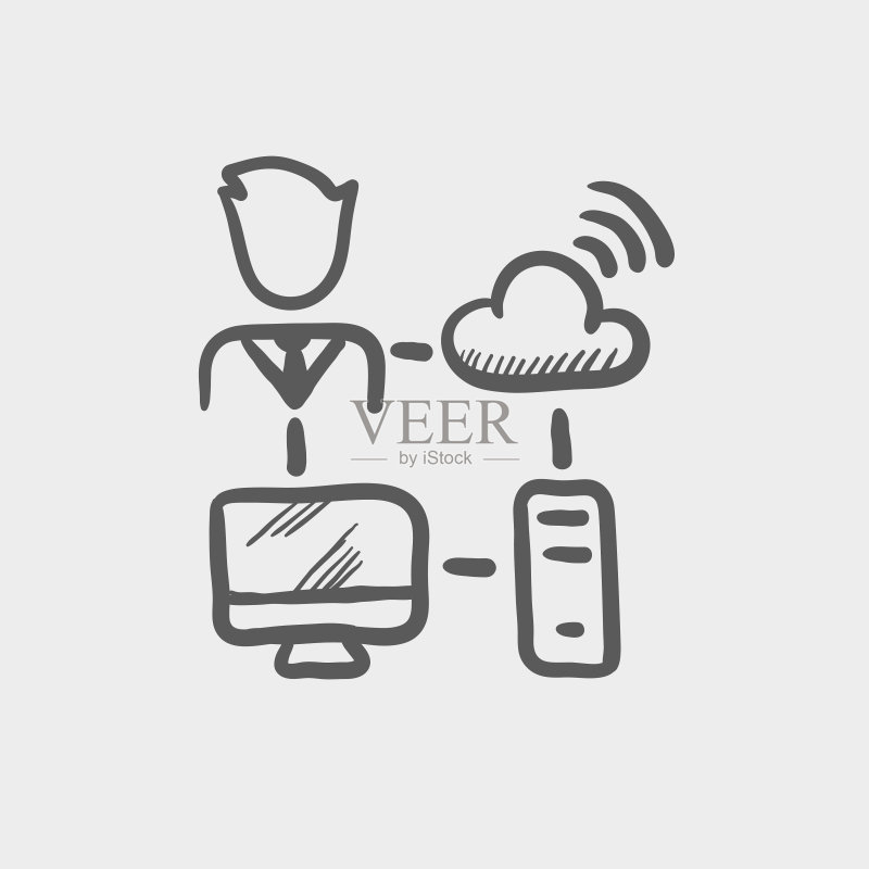 男职员使用电脑和WiFi示意图图标素材