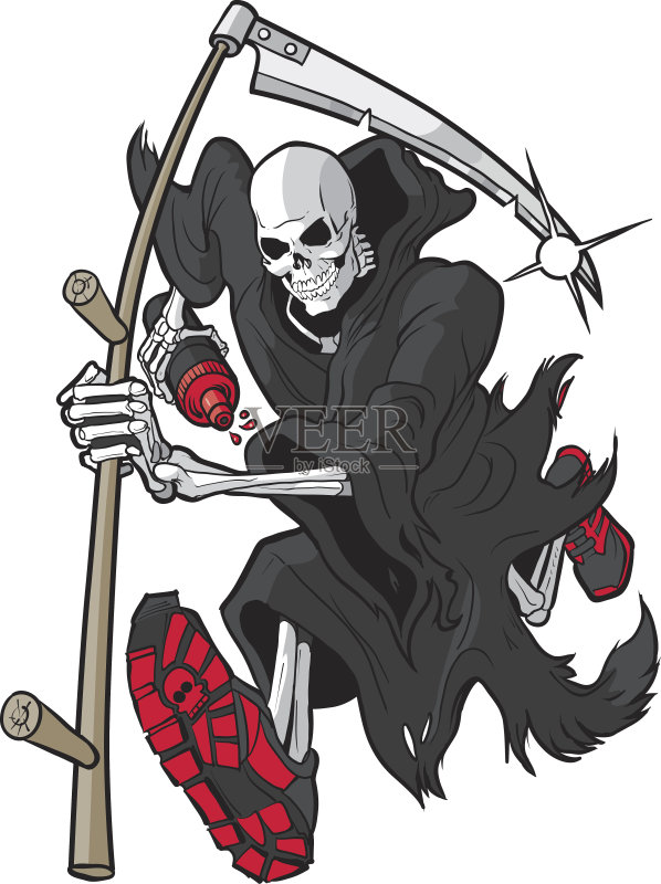 跑步的死神,穿着运动鞋,拿着水壶插画图片素材