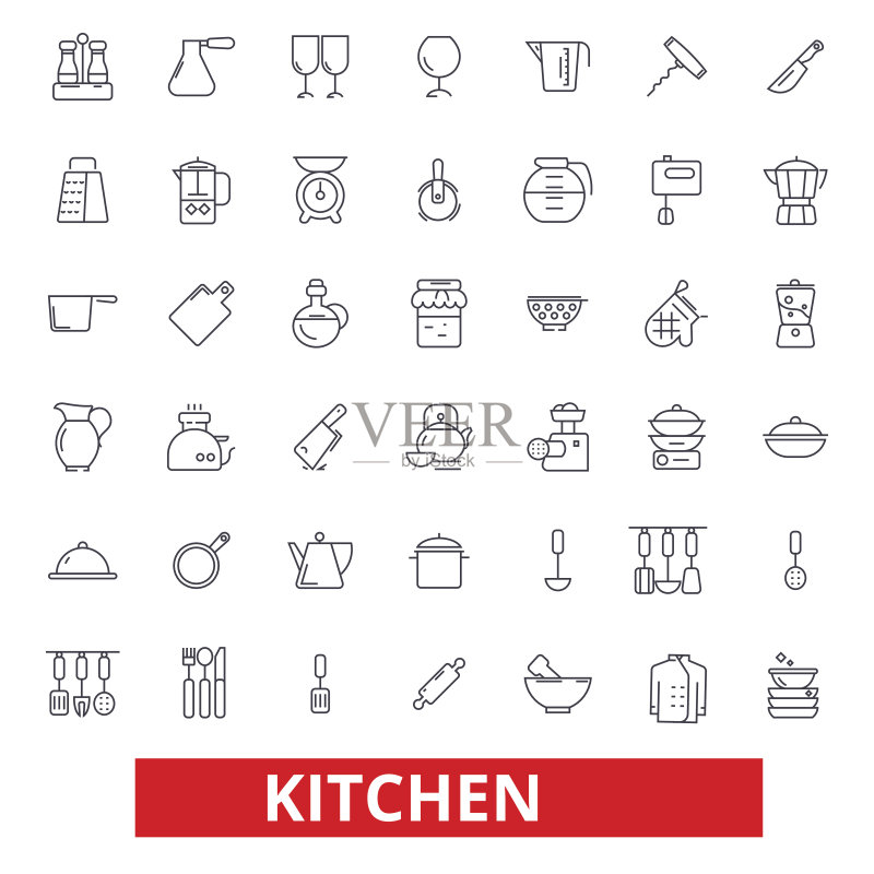 厨房烹饪工具、餐厅用具、炊具、厨房用具、食物准备图标。可编辑笔画。扁平设计矢量图概念。白色背景上的线条标志图标素材