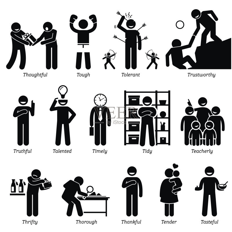 简笔画中的积极人格特征。从字母T开始。正版插画素材