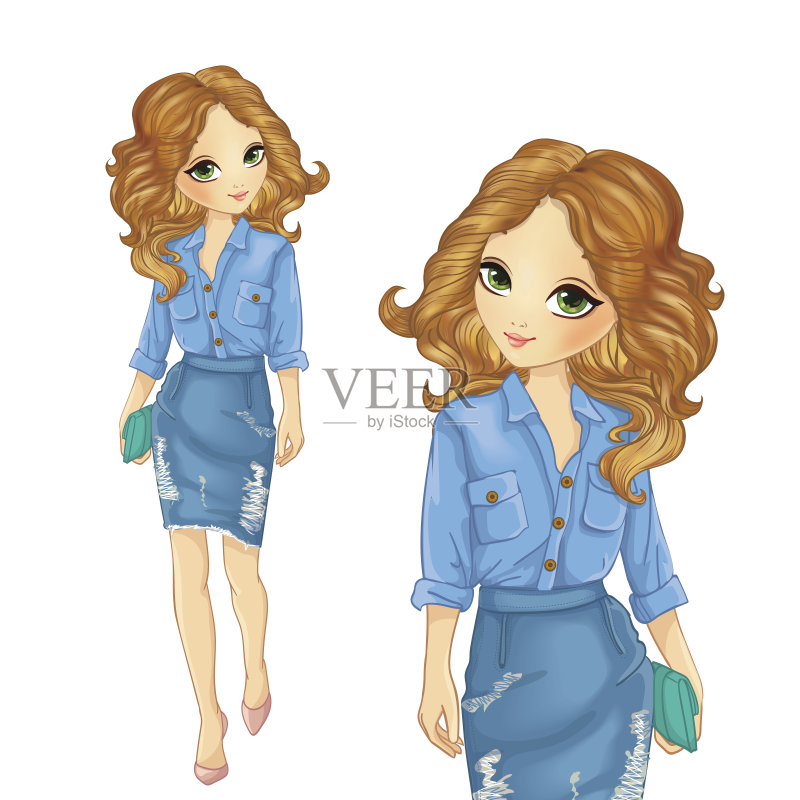 穿着牛仔裙和衬衫的女孩正版插画素材