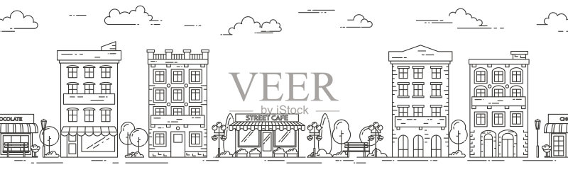 城市景观横向无缝图案线条艺术正版元素素材