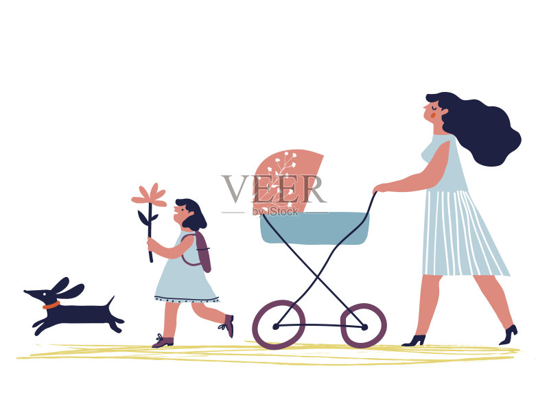 母亲带着孩子散步正版元素素材