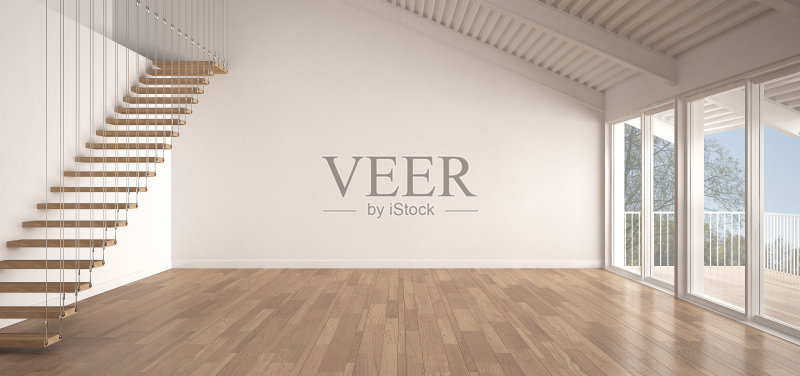 极简主义的夹层阁楼,空的工业空间,金属屋顶和拼花地板,斯堪的纳维亚经典的白色室内设计与花园全景正版图片素材