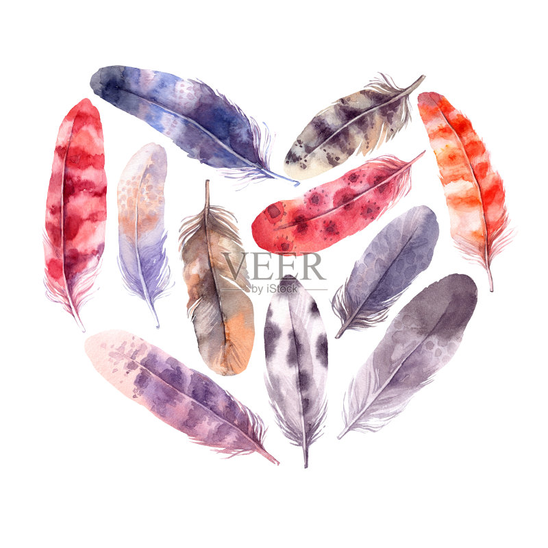 手绘插图-水彩羽毛心。水彩画设计模板。孤立在白色背景上。完美的邀请,贺卡,海报,印刷品正版元素素材