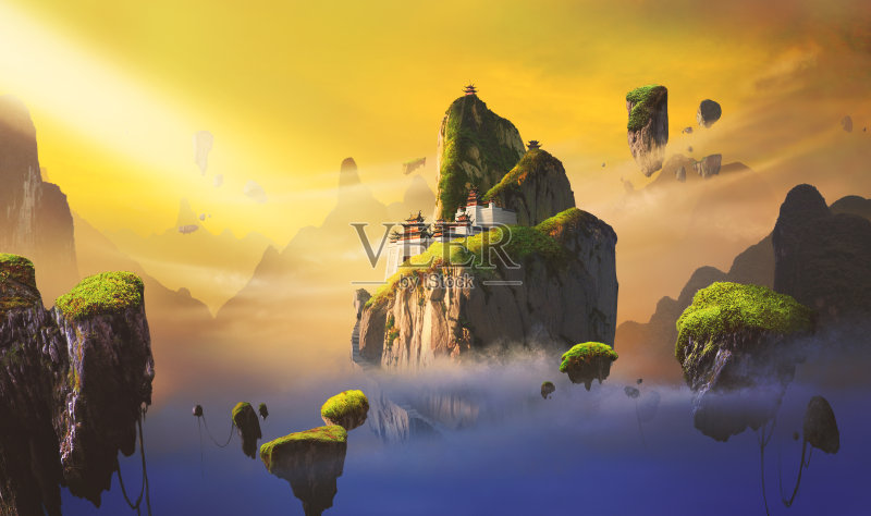 中式奇幻场景。正版插画素材