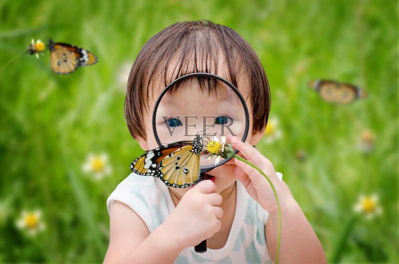 女孩用放大镜看昆虫正版图片素材