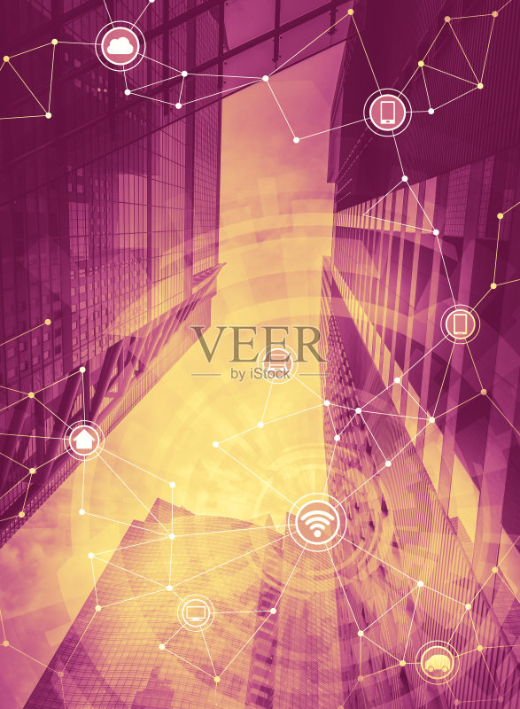 智能建筑和无线通信网络的双调图形,物联网,抽象图像视觉正版图片素材