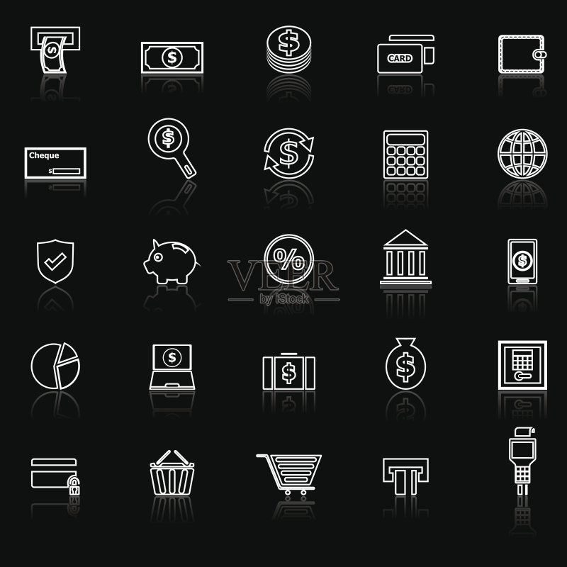 黑色背景上具有反射的支付线性图标图标素材