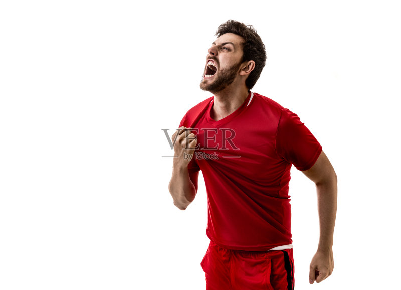 球迷/运动员穿着红色制服在白色背景下庆祝正版图片素材