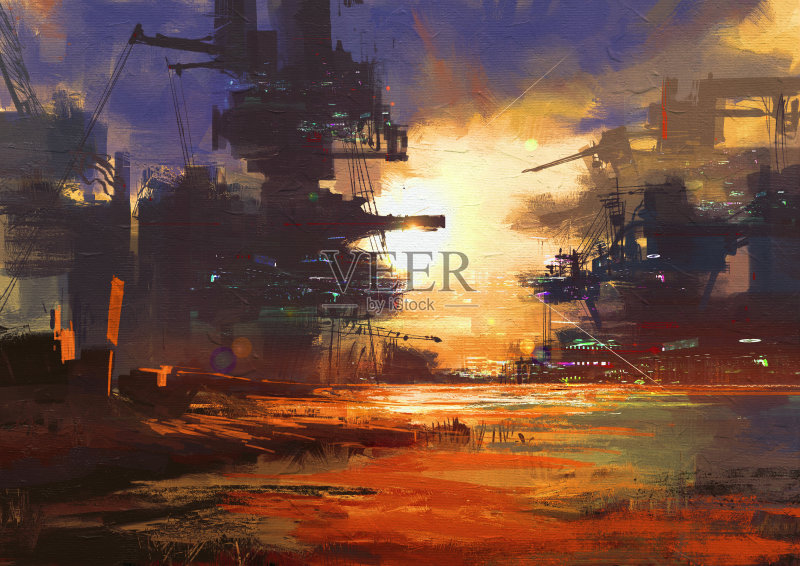 科幻城市日落时的巨型结构正版插画素材