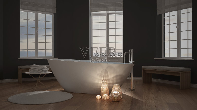 照明蜡烛内极简主义浴室,水疗禅宗室内设计正版图片素材