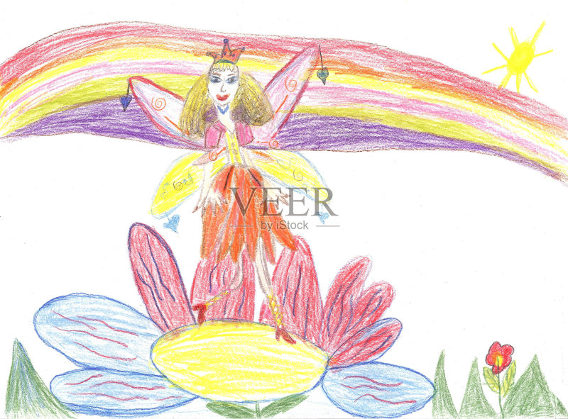 儿童在花上画飞舞的仙女插画图片素材