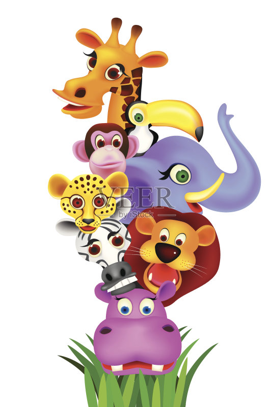 卡通形象的各种动物在白色的背景正版插画素材