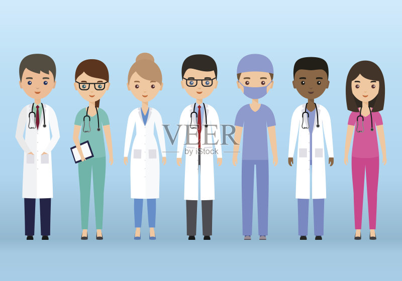 医疗字符。医生和护士在平面设计。矢量插图。正版插画素材