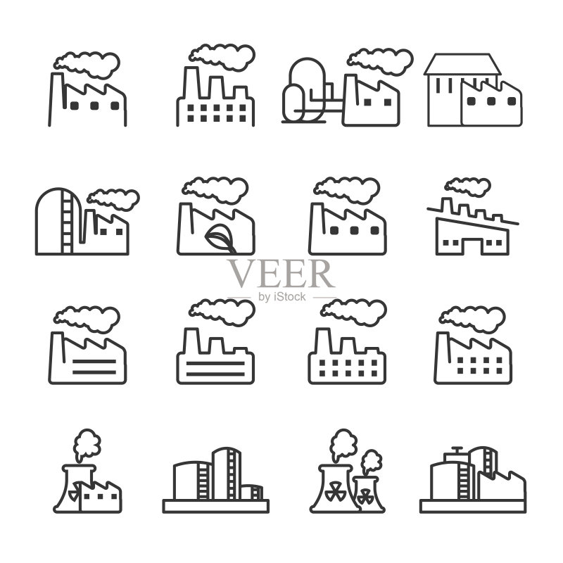 工厂厂房建筑图标集(纤细线条风格,矢量EPS10)图标素材