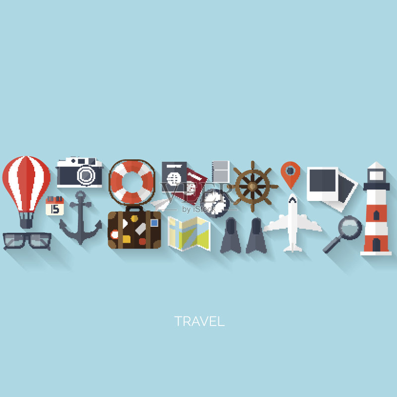 气球图标:世界旅行概念背景的扁平风格图标,旅游假期图标素材