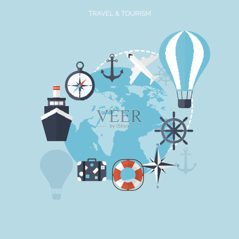 气球图标:世界旅行概念背景的扁平风格图标,旅游假期图标素材