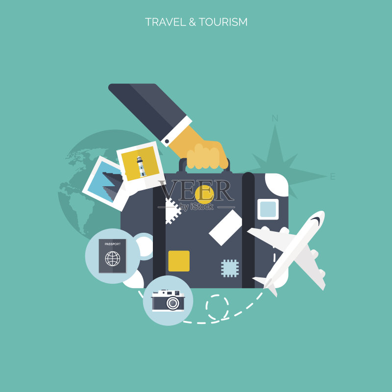 气球图标:世界旅行概念背景的扁平风格图标,旅游假期图标素材