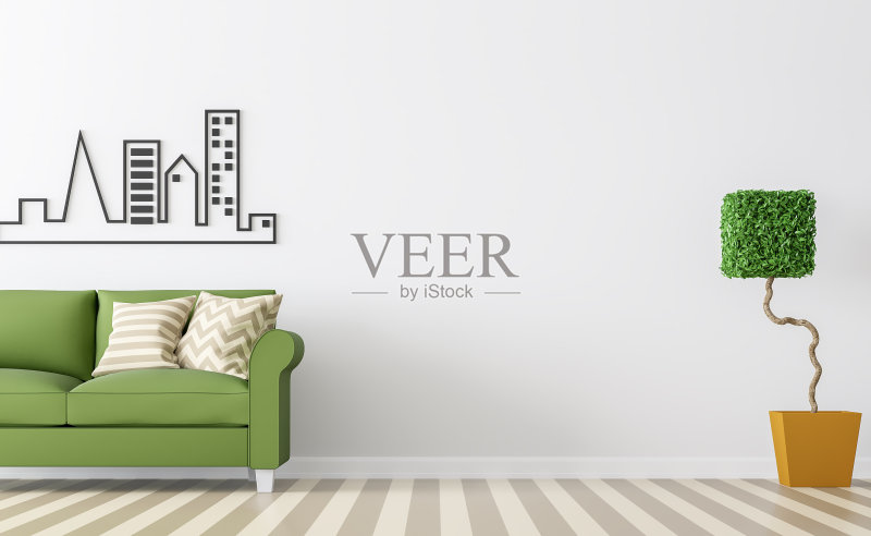 现代白色客厅内饰配绿色沙发3d效果图正版图片素材