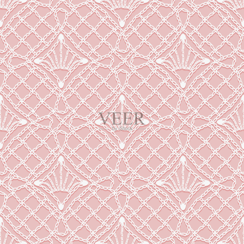 针织花边的无缝图案。粉色背景上的白色铰链和装饰线。正版元素素材