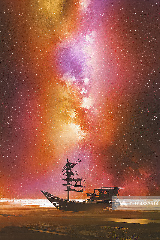 星空银河下的废弃小船插画图片素材