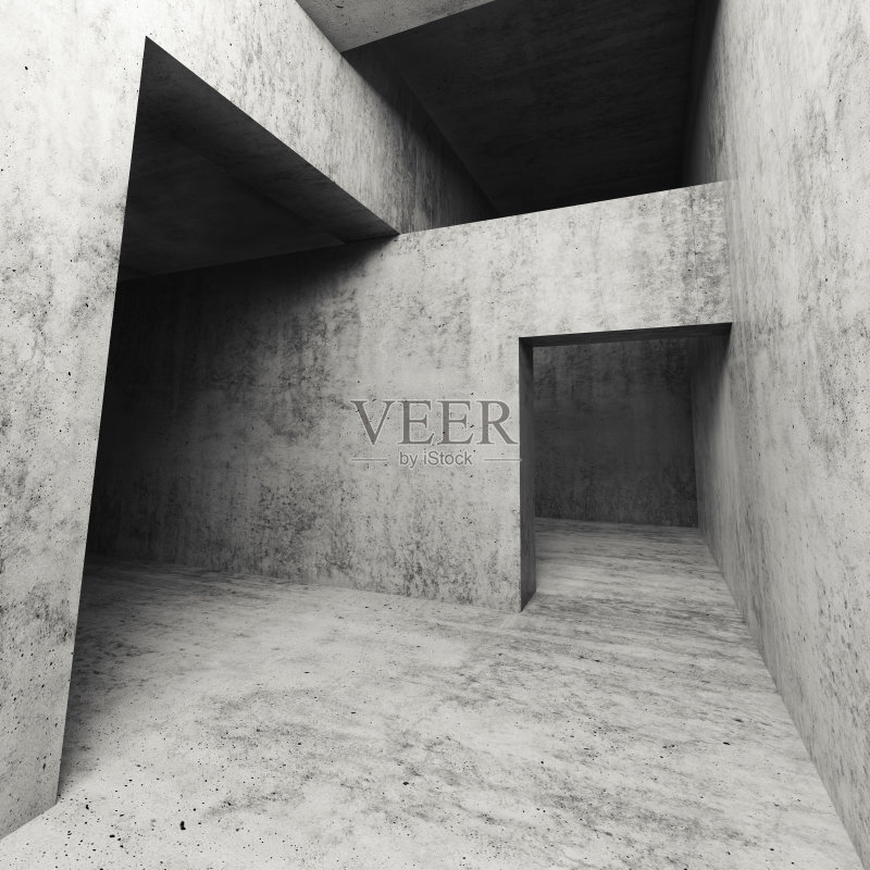 3d黑暗空旷的混凝土内部与门口正版插画素材