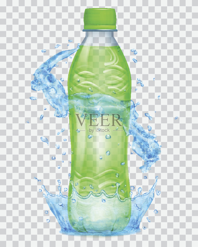 透明塑料瓶带水冠和浅蓝色飞溅正版插画素材