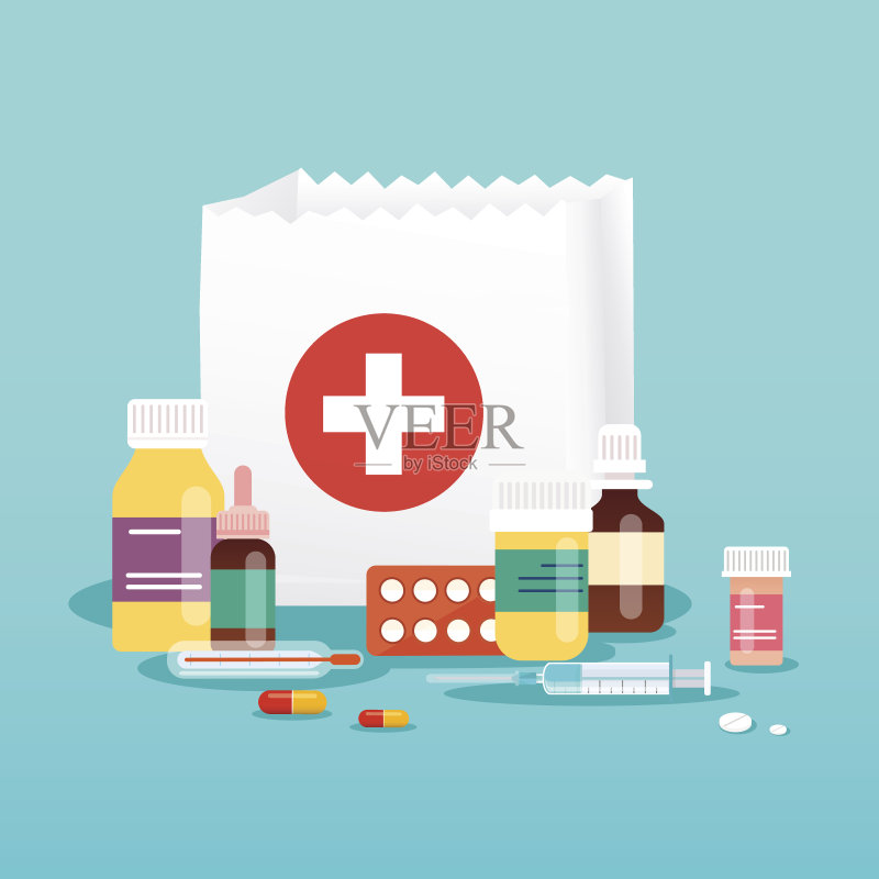 装着药品和瓶子的购物袋。医学概念。平面设计风格现代矢量插图概念。正版插画素材