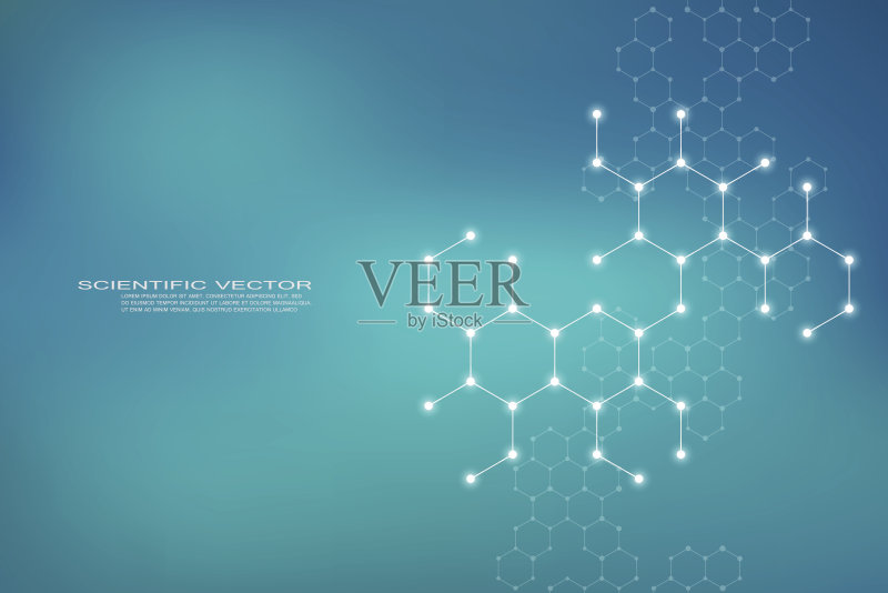 神经元系统的六角形结构分子dna,遗传和化学化合物,旗帜或传单的医学或科学背景,矢量插图正版插画素材