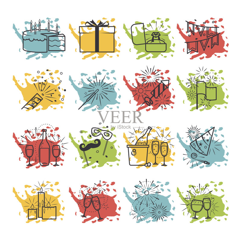 庆典图标与彩色喷雾点矢量正版插画素材