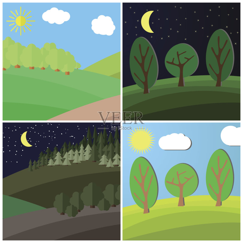 一套夏季景观。在森林空地上的白天和黑夜正版插画素材