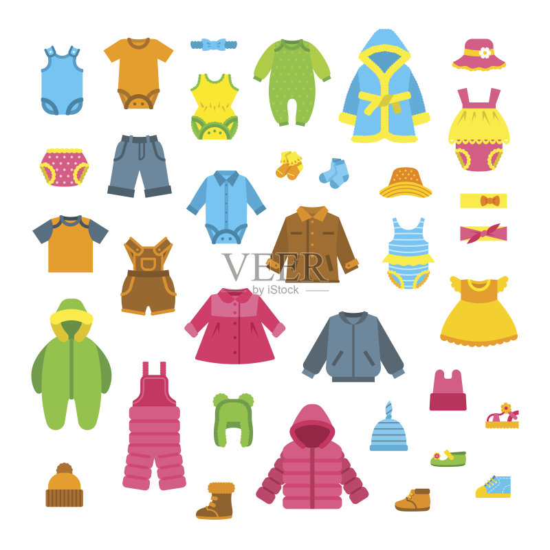 婴儿衣服平面矢量插图集正版插画素材