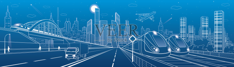 机车在桥上行驶。卡车开到高速公路。两列火车。人们行走。城市基础设施,现代城市的背景,高楼大厦,飞机飞行。矢量设计艺术正版插画素材