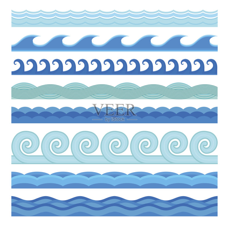 波浪平面风格矢量无缝图标集合正版插画素材