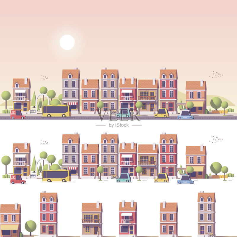 矢量低多边形2d建筑和城市场景正版插画素材