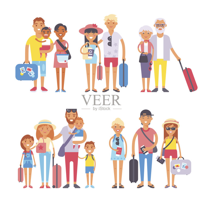 旅游家庭组团人一起度假性格平直正版插画素材