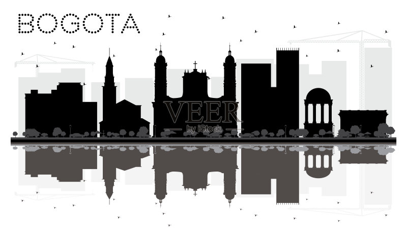 波哥大城市的天际线与黑白剪影的倒影。正版插画素材