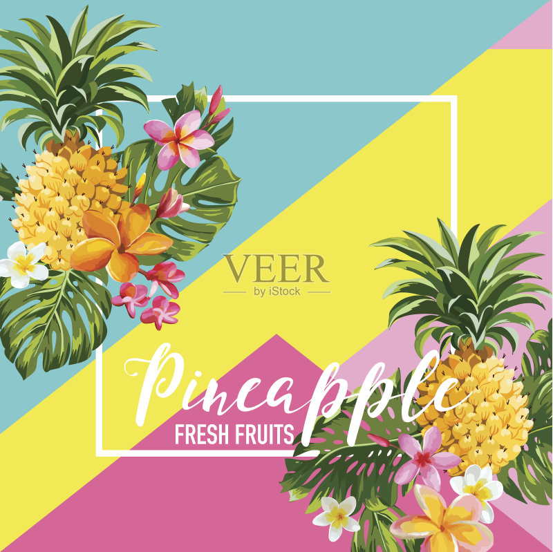 采购产品热带菠萝水果和花夏天横幅,图形背景,异国情调的花邀请,传单或卡片。现代头版在向量正版插画素材