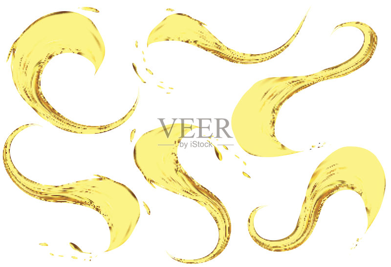 溅油隔离在白色背景。矢量3d插图集。逼真的黄色液滴。正版插画素材