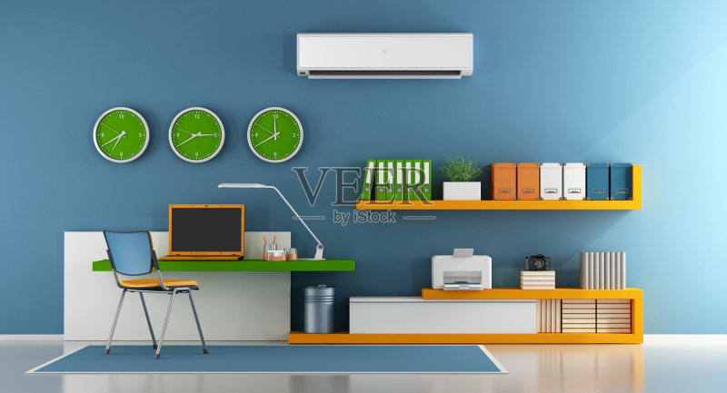 极简的家庭办公室与笔记本电脑,打印机和书架在墙上- 3d渲染正版图片素材