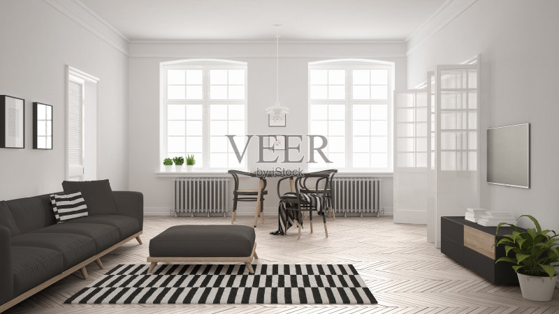 明亮的极简主义客厅,沙发和餐桌,斯堪的纳维亚白色和灰色的室内设计正版插画素材