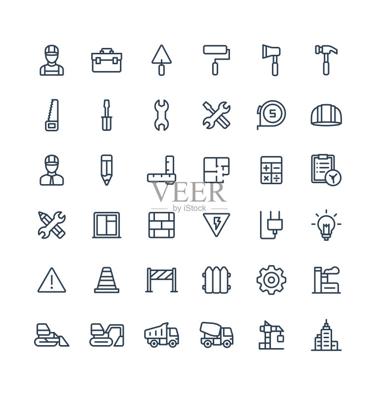 矢量细线icon:建筑、工业、工程轮廓符号图标素材