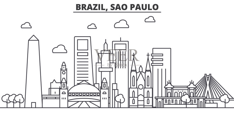 巴西,圣保罗建筑线天际线插图。线性向量的城市景观与著名的地标,城市景观,设计图标。风景与可编辑的笔触正版元素素材