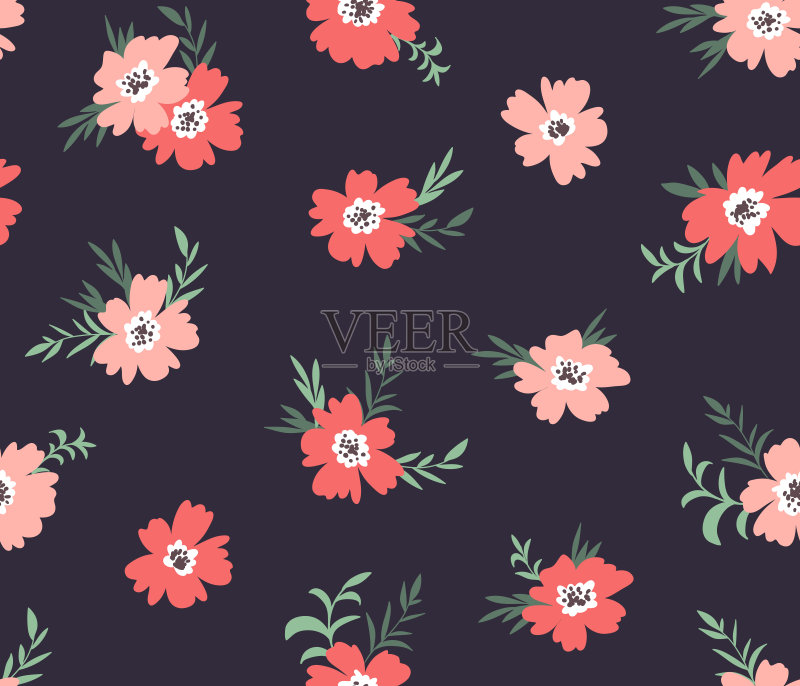 时尚无缝碎花图案。织物设计与简单的花在黑暗的背景。向量花园模式。正版插画素材