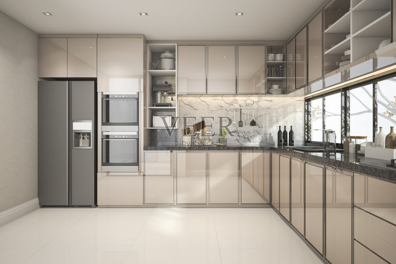 3d渲染美丽的现代厨房与大理石装饰正版图片素材