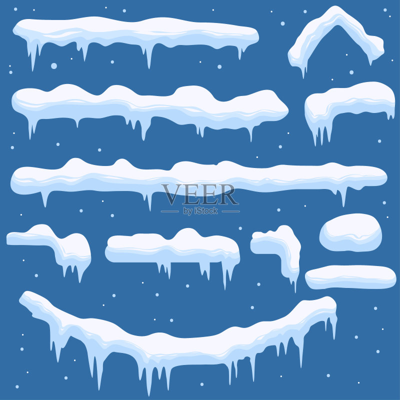 雪堆,冰柱,冰帽,雪帽和雪花。向量正版元素素材