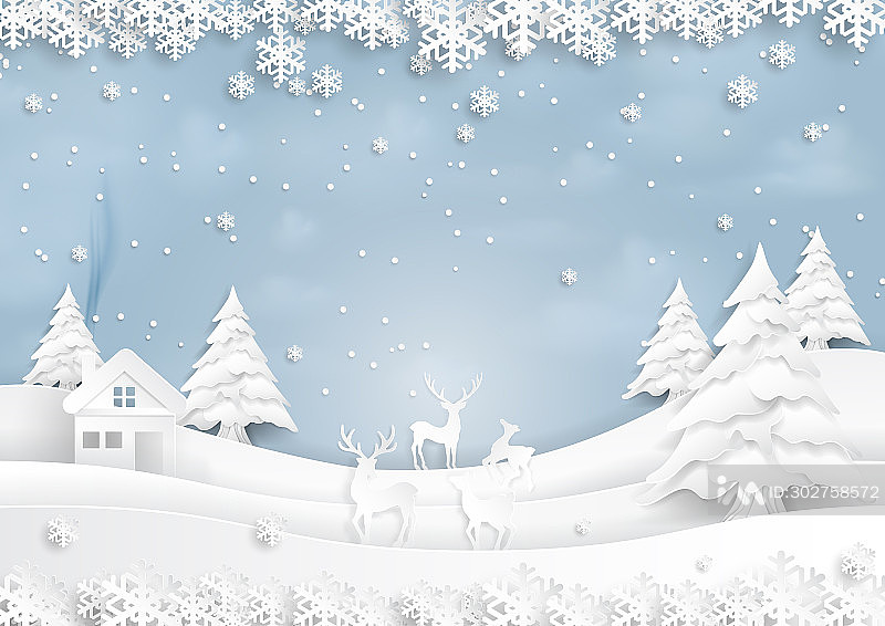 雪地和冬季的快乐鹿群与城市景观剪纸风格插画图片素材