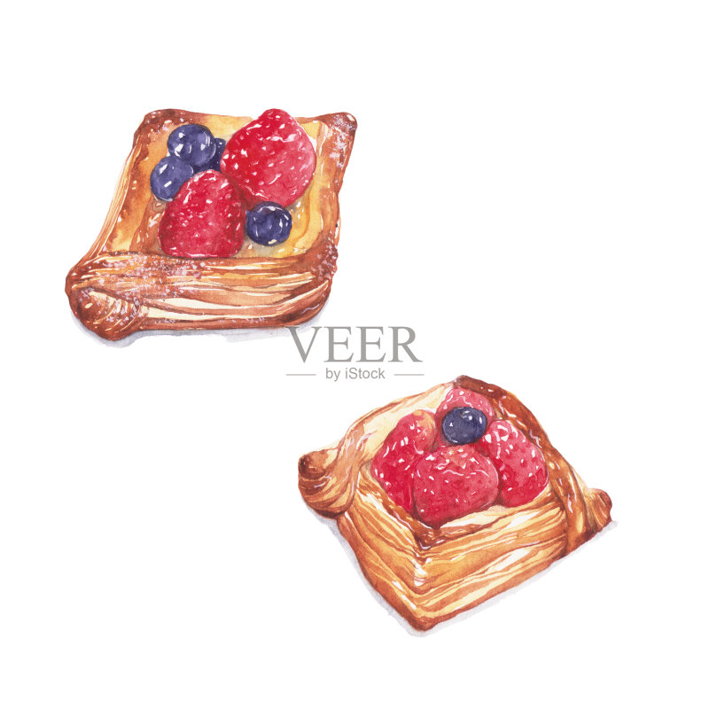 草莓和蓝莓丹麦。正版插画素材